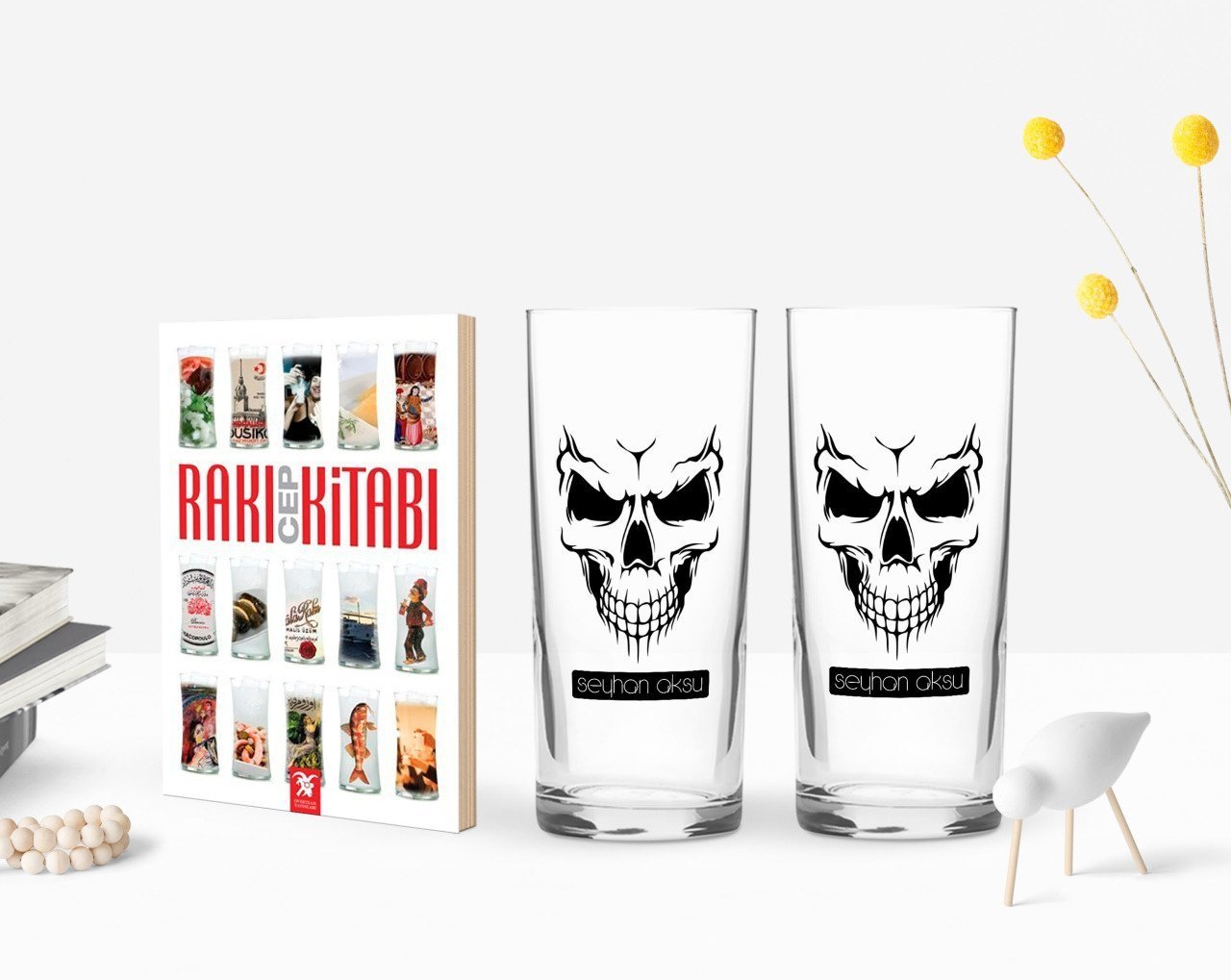 Kişiye Özel Renkli Baskılı Erkek Kurukafa Tasarımlı İkili Rakı Bardağı ve Rakı Cep Kitabı Hediye Seti-1