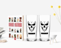 Kişiye Özel Renkli Baskılı Erkek Kurukafa Tasarımlı İkili Rakı Bardağı ve Rakı Cep Kitabı Hediye Seti-1