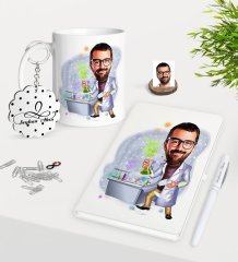 Kişiye Özel Erkek Fen Bilimleri Öğretmeni Karikatürlü Kupa Anahtarlık Beyaz Defter Kalem Hediye Seti-3