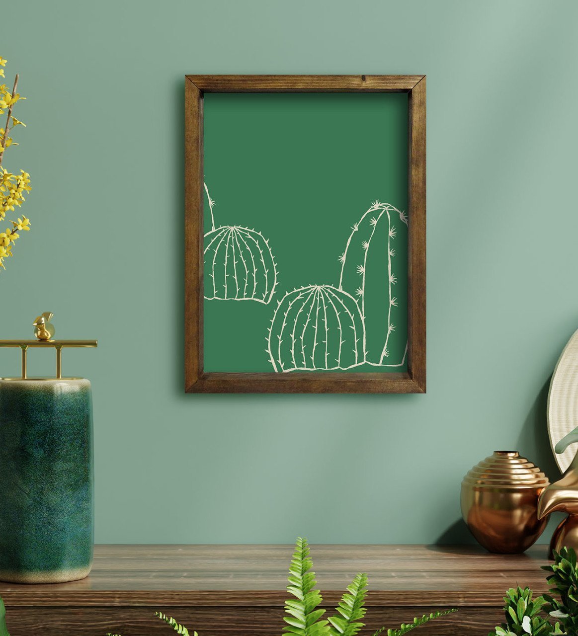 BK Gift Kaktüs Tasarımlı Doğal Masif Ahşap Çerçeveli Tablo 30x40cm-24