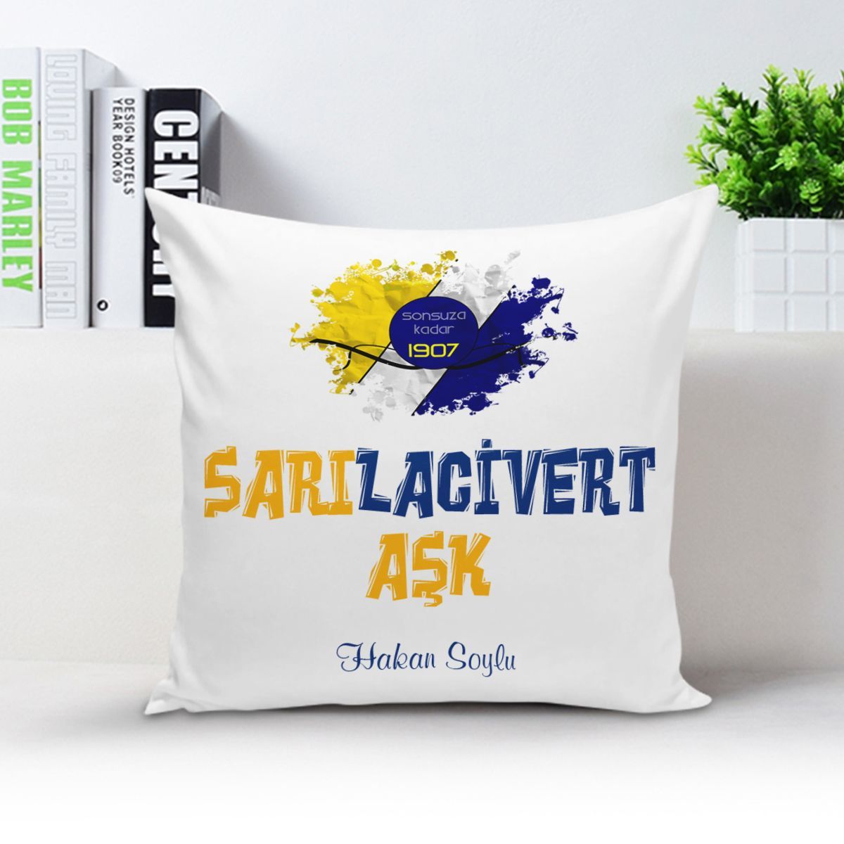 Kişiye Özel Sarı Lacivert Aşk Yastık Kılıfı