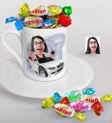 Kişiye Özel Bayan Patron Karikatürlü Türk Kahvesi Fincanı ve Haribo Şeker Hediye Seti-3