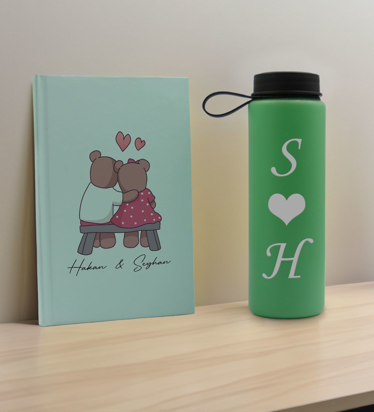 BK Gift Sevgiliye Özel İsimli Su Yeşili Defter ve Yeşil Cam Matara Hediye Seti-3, Sevgiliye Hediye, Sevgililer Günü, Yeni İş Hediyesi