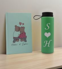 BK Gift Sevgiliye Özel İsimli Su Yeşili Defter ve Yeşil Cam Matara Hediye Seti-3, Sevgiliye Hediye, Sevgililer Günü, Yeni İş Hediyesi
