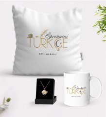 Kişiye Özel Türkçe Öğretmeni Beyaz Kupa Yastık ve İsimli Papatya Kolye Hediye Seti