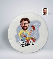 Kişiye Özel İsimli Erkek Mangalcı Karikatürlü Yuvarlak Araç Koltuk Yastığı-1