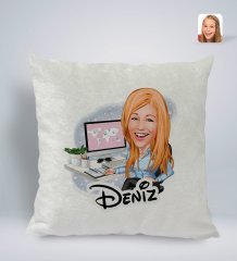 Kişiye Özel İsimli Kadın Genel Müdür Karikatürlü Kare Araç Koltuk Yastığı-1