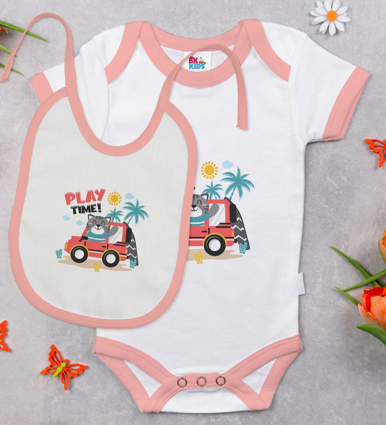 BK Kids Play Time Tasarımlı Pembe Bebek Body Zıbın ve Mama Önlüğü Hediye Seti-1