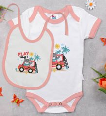 BK Kids Play Time Tasarımlı Pembe Bebek Body Zıbın ve Mama Önlüğü Hediye Seti-1