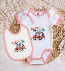 BK Kids Play Time Tasarımlı Pembe Bebek Body Zıbın ve Mama Önlüğü Hediye Seti-1