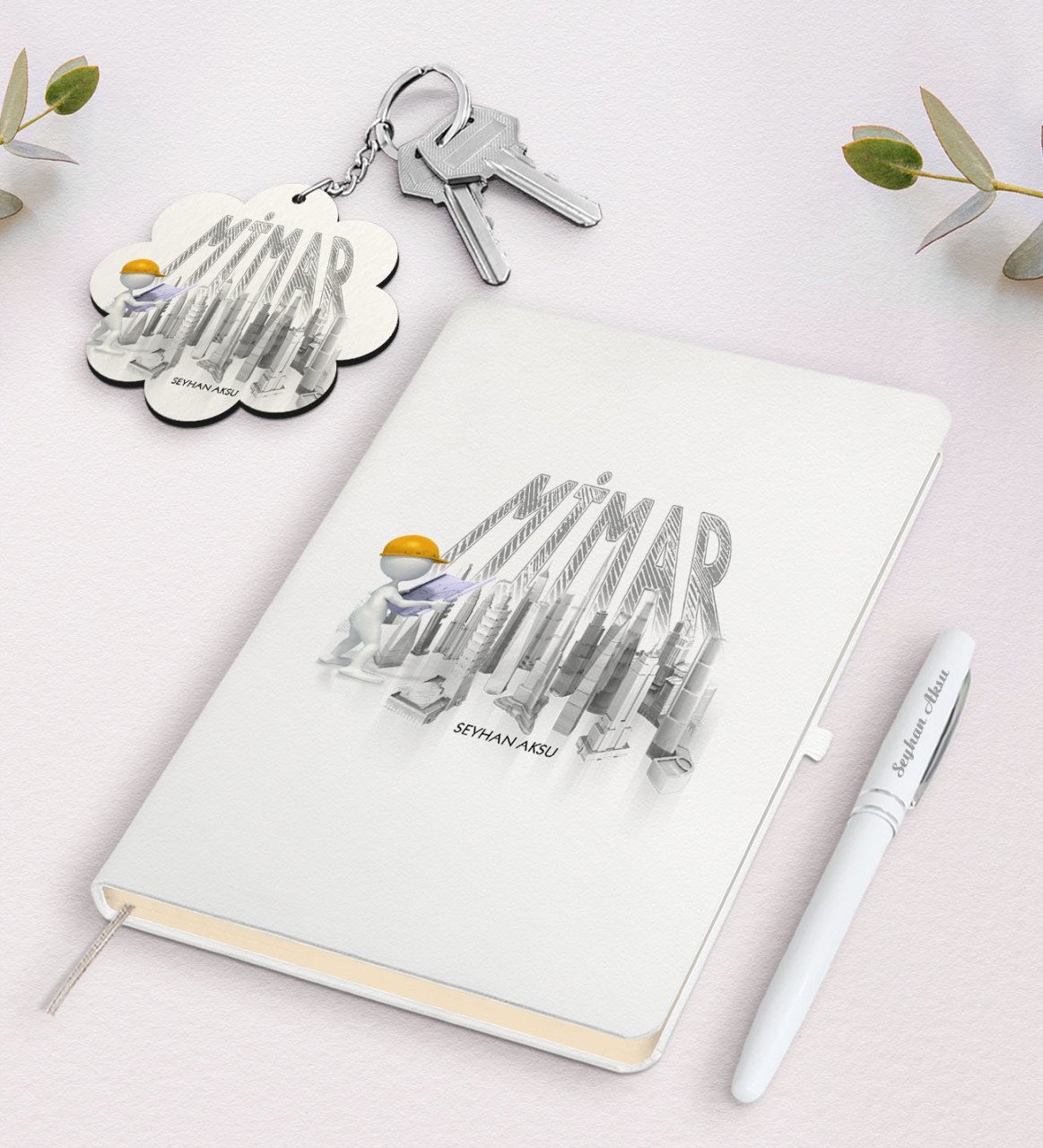 Kişiye Özel Mimar Beyaz Defter Kalem Ve Anahtarlık Hediye Seti-1