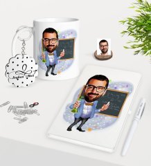 Kişiye Özel Erkek Fen Bilimleri Öğretmeni Karikatürlü Kupa Anahtarlık Beyaz Defter Kalem Hediye Seti-2