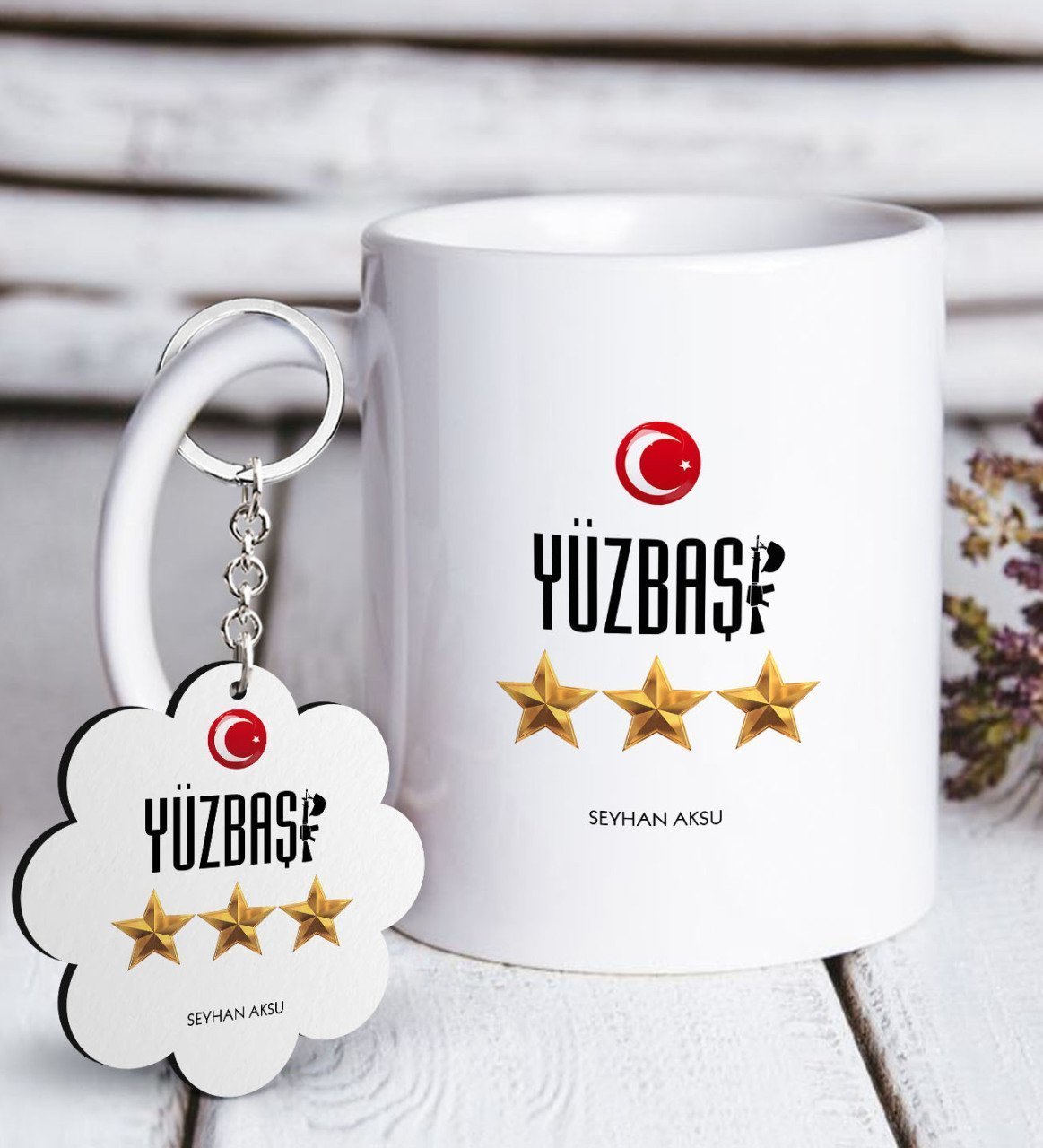 Kişiye Özel Mesleki Yüzbaşı Beyaz Kupa ve Anahtarlık Hediye Seti