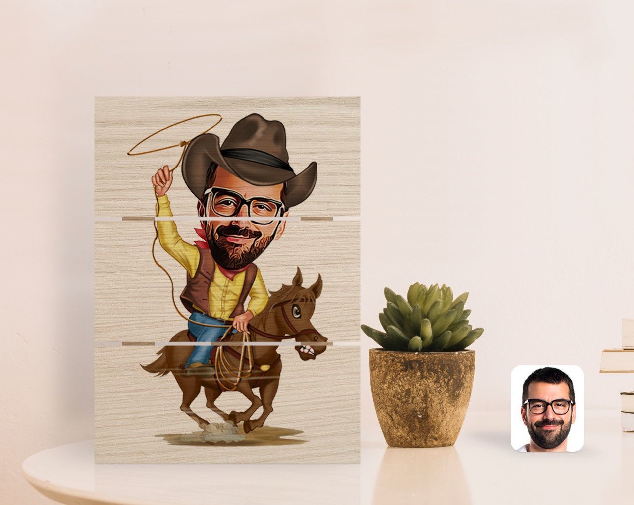 Kişiye Özel Kovboy Karikatürlü Otantik Masaüstü Ahşap Palet Çerçeve-2