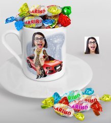Kişiye Özel Bayan Patron Karikatürlü Türk Kahvesi Fincanı ve Haribo Şeker Hediye Seti-2
