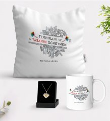 Kişiye Özel Teknoloji ve Tasarım Öğretmeni Beyaz Kupa Yastık ve İsimli Papatya Kolye Hediye Seti