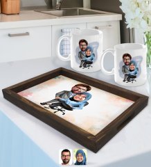 Kişiye Özel Sevgililer Karikatürlü Doğal Ahşap Tepsi ve 2’li Kupa Bardak Seti-59