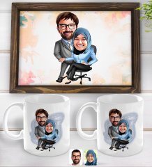 Kişiye Özel Sevgililer Karikatürlü Doğal Ahşap Tepsi ve 2’li Kupa Bardak Seti-59