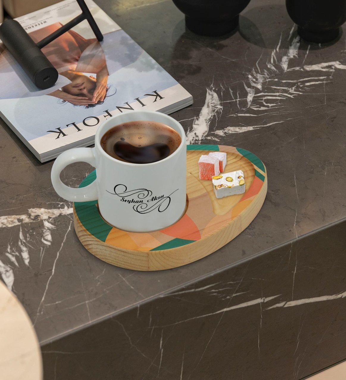 Kişiye Özel Modern Art Tasarımlı Doğal Ahşap Tabaklı Türk Kahvesi Fincanı Sunum Seti Model 10