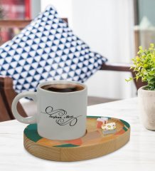 Kişiye Özel Modern Art Tasarımlı Doğal Ahşap Tabaklı Türk Kahvesi Fincanı Sunum Seti Model 10