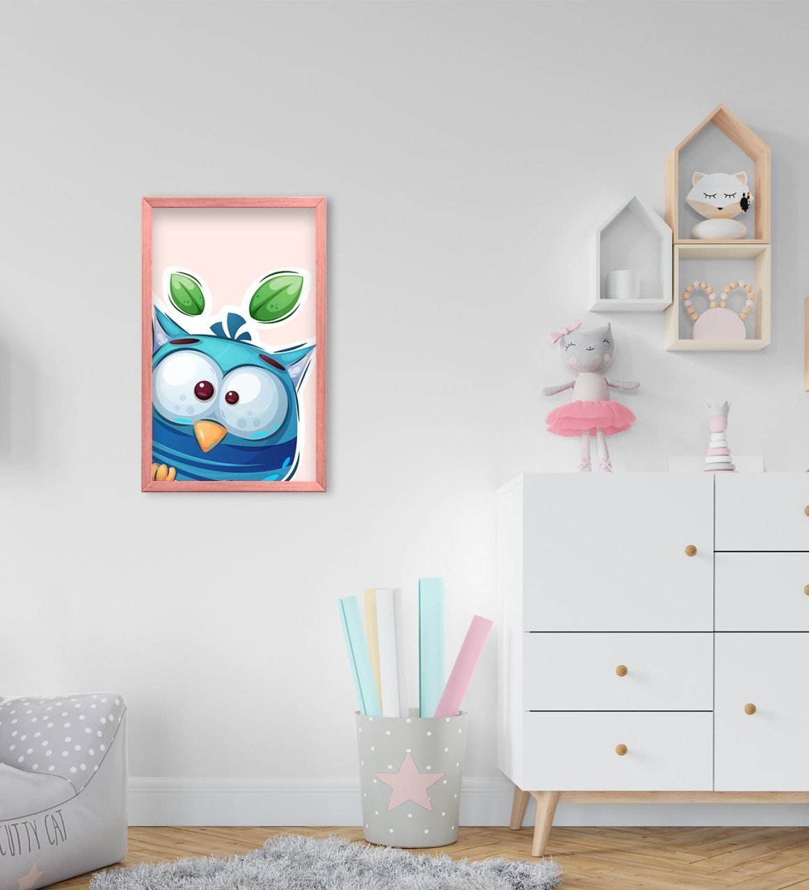 BK Home Baykuş Tasarımlı Dekoratif Pembe Ahşap Çerçeveli Çocuk Odası Tablo-1