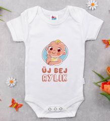 BK Kids Üj Bej Aylık Tasarımlı Beyaz Bebek Body Zıbın-1