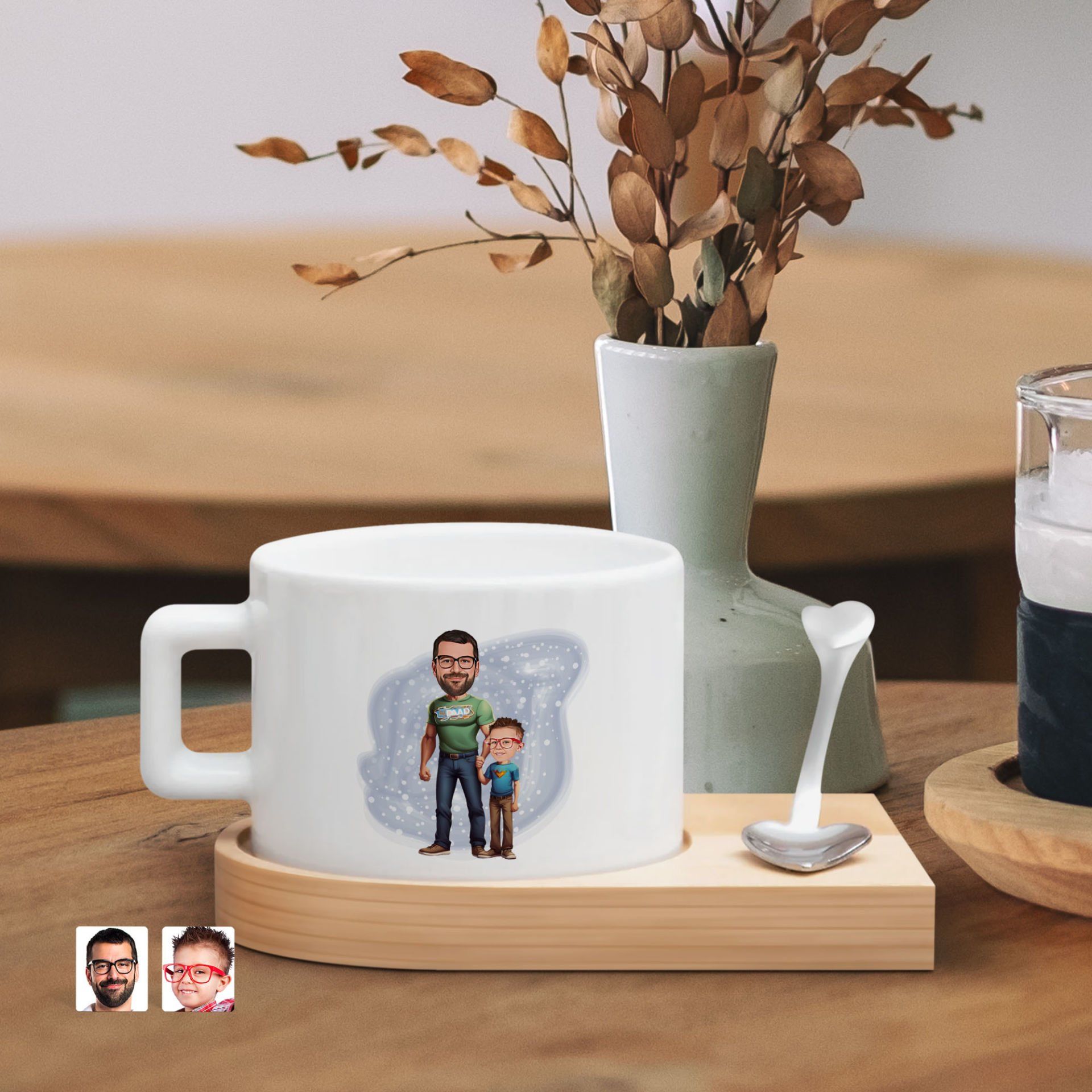 BK Gift Kişiye Özel Baba Oğul Karikatürlü-21, Ahşap Altlıklı Seramik Fincan, Babaya Hediye, Arkadaşa Hediye