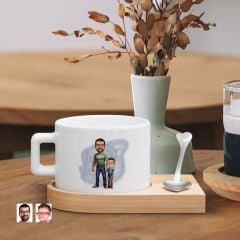 BK Gift Kişiye Özel Baba Oğul Karikatürlü-21, Ahşap Altlıklı Seramik Fincan, Babaya Hediye, Arkadaşa Hediye