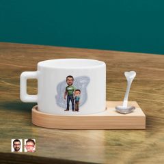 BK Gift Kişiye Özel Baba Oğul Karikatürlü-21, Ahşap Altlıklı Seramik Fincan, Babaya Hediye, Arkadaşa Hediye