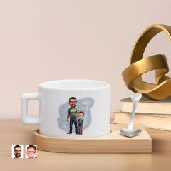 BK Gift Kişiye Özel Baba Oğul Karikatürlü-21, Ahşap Altlıklı Seramik Fincan, Babaya Hediye, Arkadaşa Hediye