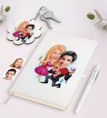 Kişiye Özel Sevgili Karikatürlü Beyaz Defter Kalem ve Anahtarlık Hediye Seti-9