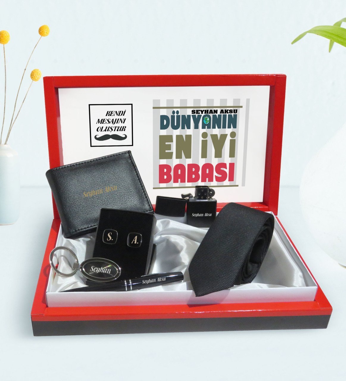 Kişiye Özel Dünyanın En İyi Babası Tasarımlı Mesajlı Kutuda Cüzdan Çakmak Kalem Anahtarlık Kravat ve Kol Düğmesi Hediye Seti-1