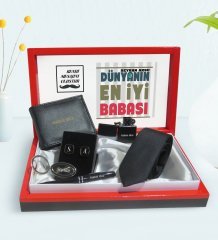 Kişiye Özel Dünyanın En İyi Babası Tasarımlı Mesajlı Kutuda Cüzdan Çakmak Kalem Anahtarlık Kravat ve Kol Düğmesi Hediye Seti-1