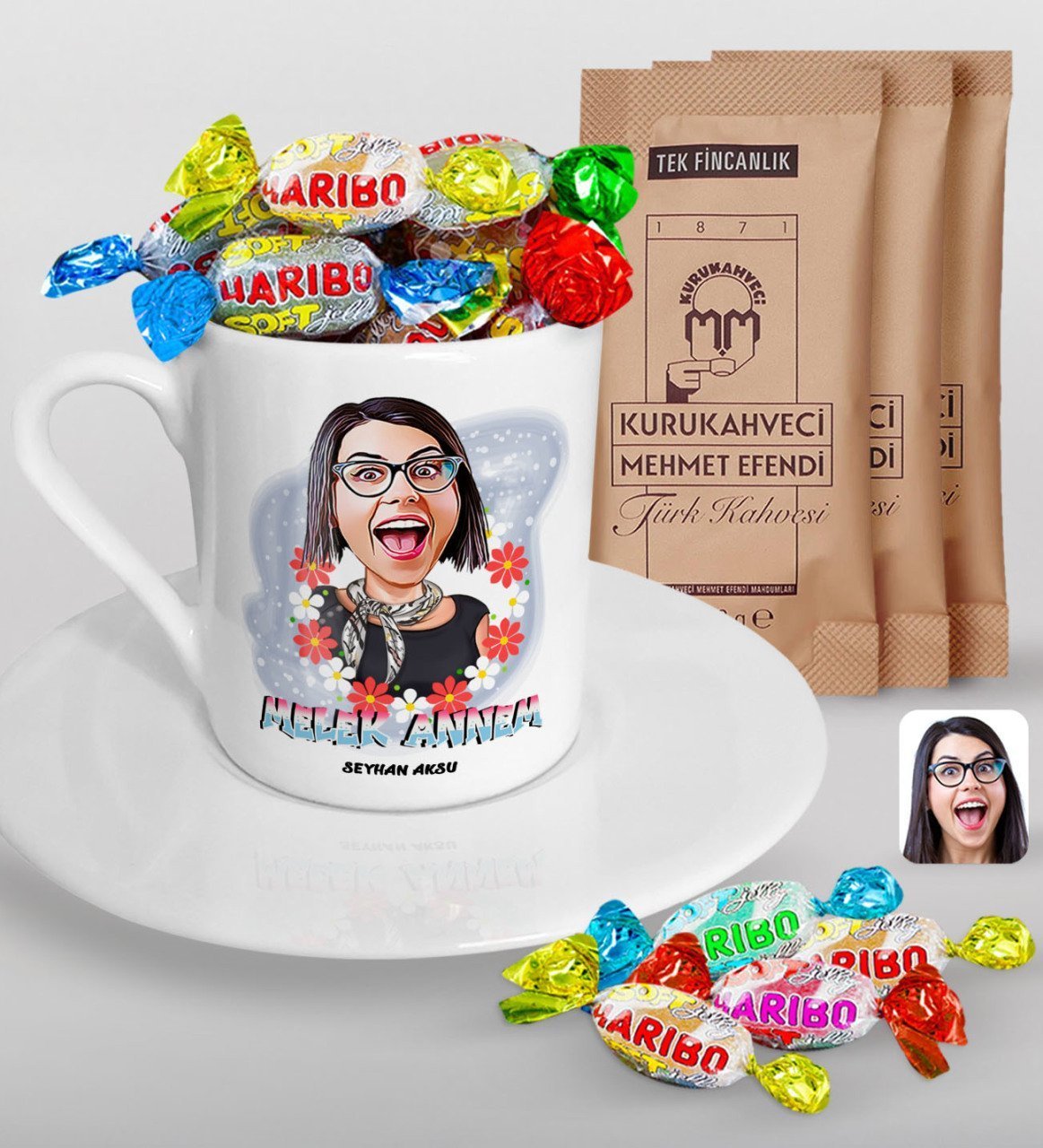 Kişiye Özel Anneler Günü Temalı Melek Annem Karikatürlü Türk Kahvesi Fincanı Mehmet Efendi Kahve ve Haribo Şeker Hediye Seti-1