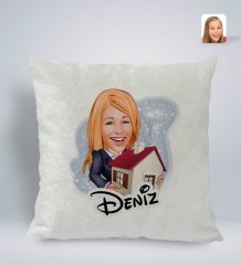 Kişiye Özel İsimli Kadın Emlakçı Karikatürlü Kare Araç Koltuk Yastığı-1
