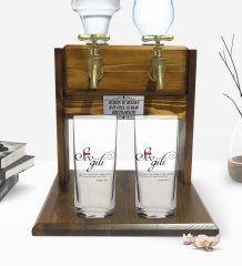 Kişiye Özel Renkli Baskılı Mâna Sevgili Tasarımlı İkili Rakı Bardağı ve Çift Musluklu Doğal Ahşap Rakı Standı-1