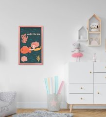 BK Home Balık ve Deniz Kızı Tasarımlı Dekoratif Pembe Ahşap Çerçeveli Çocuk Odası Tablo-1