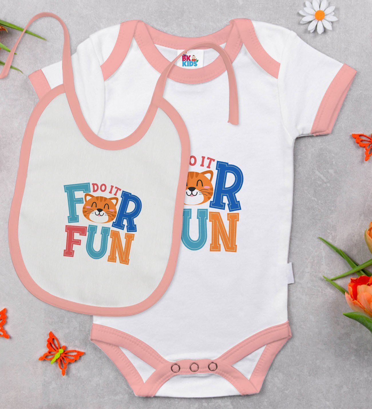 BK Kids For Fun Tasarımlı Pembe Bebek Body Zıbın ve Mama Önlüğü Hediye Seti-1