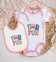 BK Kids For Fun Tasarımlı Pembe Bebek Body Zıbın ve Mama Önlüğü Hediye Seti-1