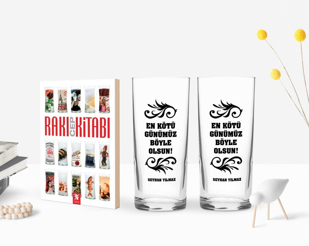 Kişiye Özel Renkli Baskılı En Kötü Günümüz Böyle Olsun Tasarımlı İkili Rakı Bardağı ve Rakı Cep Kitabı Hediye Seti-1