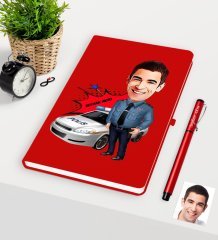 Kişiye Özel Bay Trafik Polisi Karikatürlü Kırmızı Defter Kalem Seti - 2