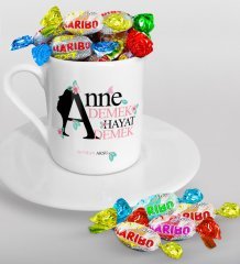 Kişiye Özel Anne Demek Hayat Demek Tasarımlı Türk Kahvesi Fincanı ve Haribo Şeker Hediye Seti-1