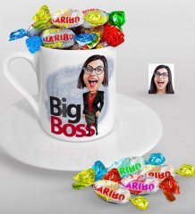 Kişiye Özel Bayan Big Boss Karikatürlü Türk Kahvesi Fincanı ve Haribo Şeker Hediye Seti-2