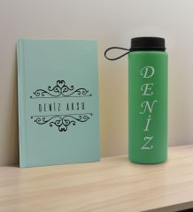 BK Gift Kişiye Özel İsimli Su Yeşili Defter ve Yeşil Cam Matara Hediye Seti-8, Sevgiliye Hediye, Arkadaşa Hediye, Yeni İş Hediyesi