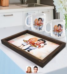 Kişiye Özel Sevgililer Karikatürlü Doğal Ahşap Tepsi ve 2’li Kupa Bardak Seti-57