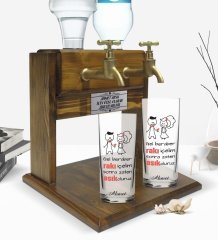 Kişiye Özel Renkli Baskılı Gel Beraber Rakı İçelim Tasarımlı İkili Rakı Bardağı ve Çift Musluklu Doğal Ahşap Rakı Standı-1