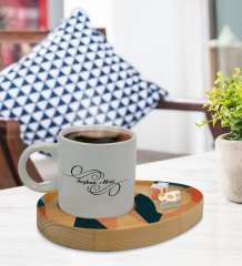 Kişiye Özel Modern Art Tasarımlı Doğal Ahşap Tabaklı Türk Kahvesi Fincanı Sunum Seti Model 8