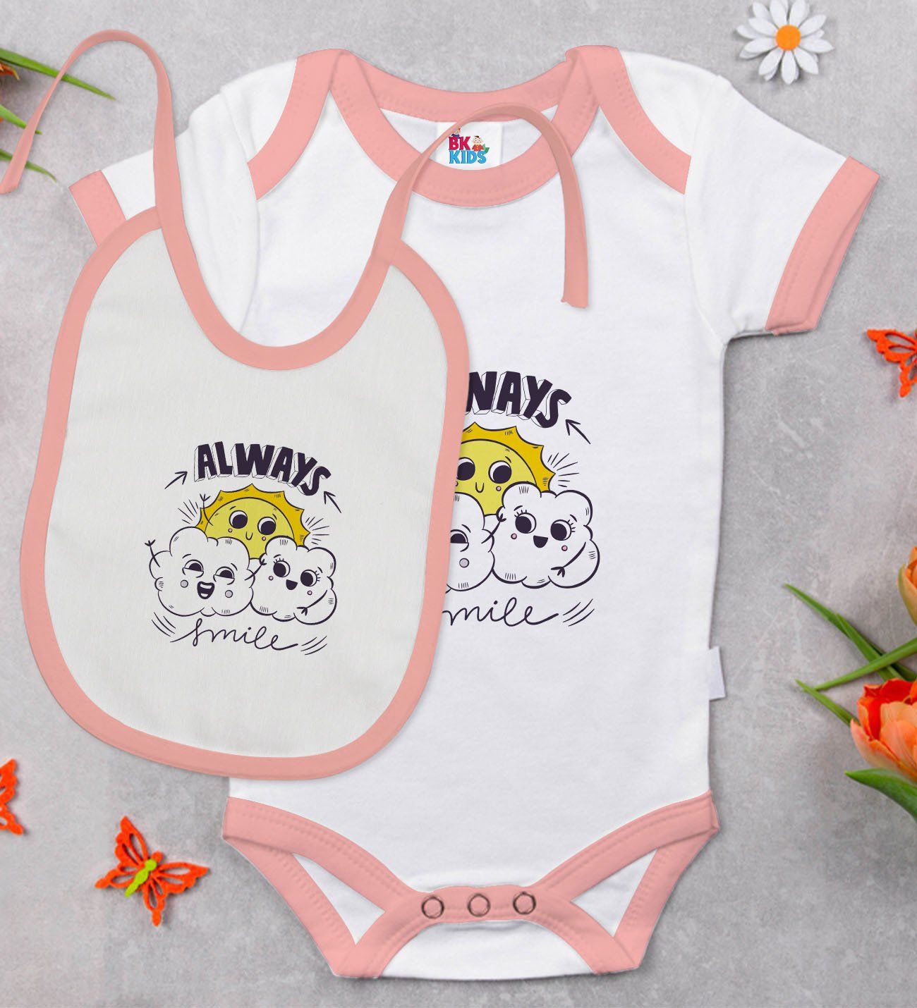 BK Kids Always Smile Tasarımlı Pembe Bebek Body Zıbın ve Mama Önlüğü Hediye Seti-1