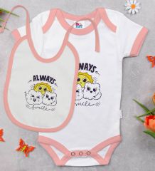 BK Kids Always Smile Tasarımlı Pembe Bebek Body Zıbın ve Mama Önlüğü Hediye Seti-1