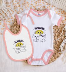 BK Kids Always Smile Tasarımlı Pembe Bebek Body Zıbın ve Mama Önlüğü Hediye Seti-1